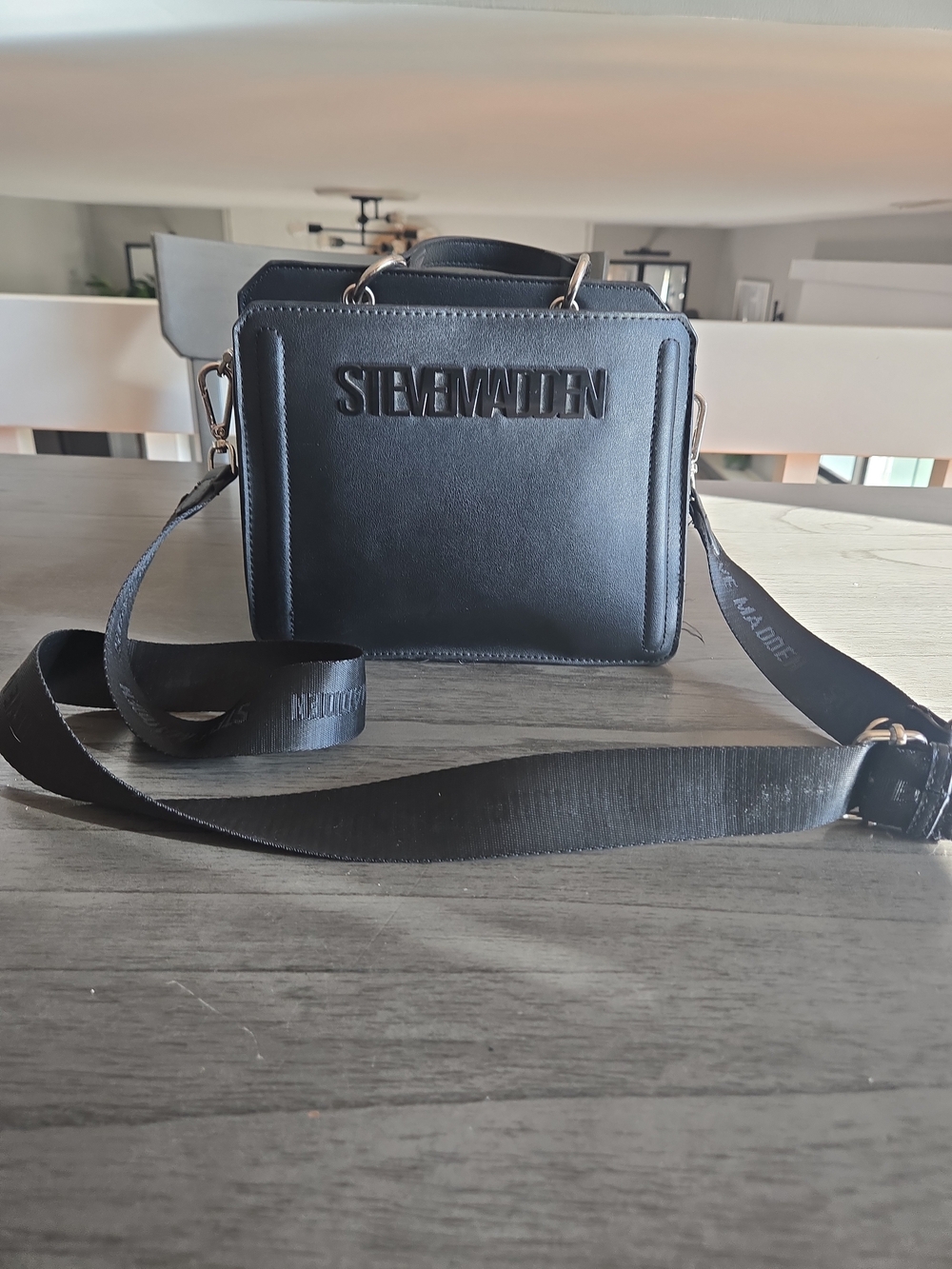 Steve Madden Black Embossed Logo Crossbody Messenger Bag